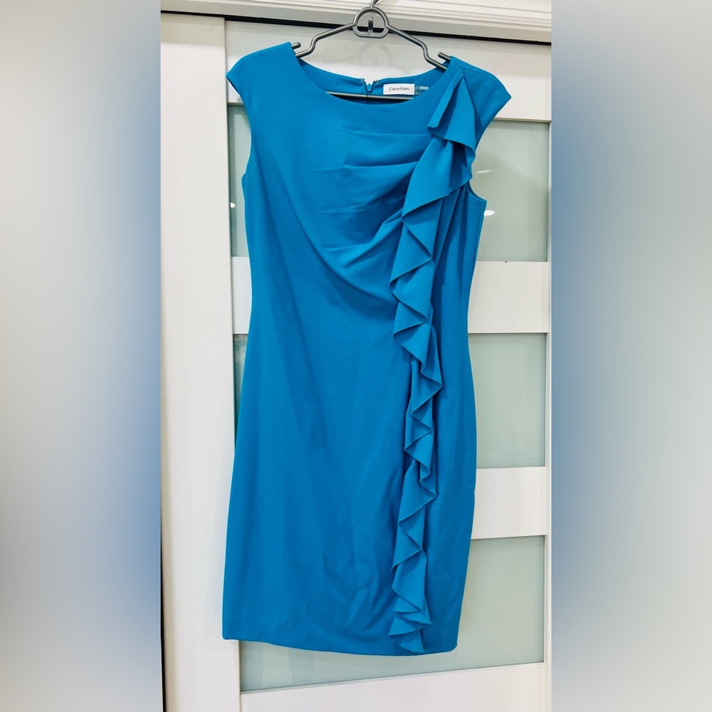 Calvin Klein Sleeveless Blue Ruffle Dress